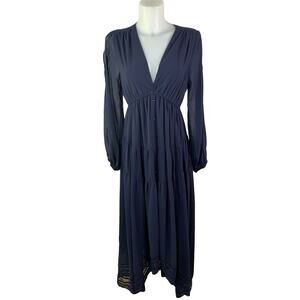 Lulus Hi Low Maxi Dress Size Medium Dark Blue Tiered Slit Sleeve NWOT